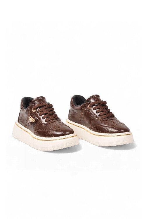Taş Detaylı Şık Sneaker Kalın Rahat Taban Bağcıklı Kahve Cilt Kadın Casual Yürüyüş Ayakkabı 231176