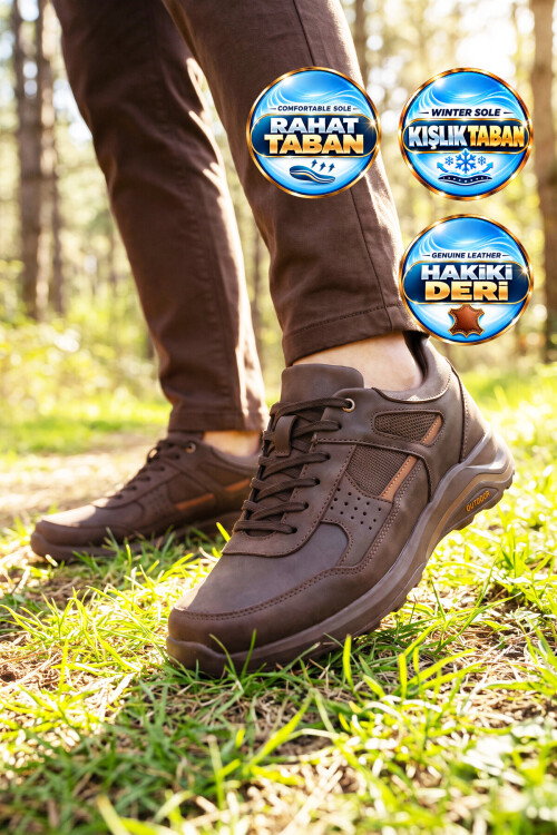 Kahve Hakiki Deri Bağcıklı Kaymaz Tabanlı Erkek Outdoor Trekking Ayakkabı 2055