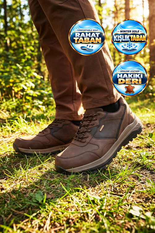 Kahve Hakiki Deri Bağcıklı Kaymaz Tabanlı Erkek Outdoor Trekking Ayakkabı 2526