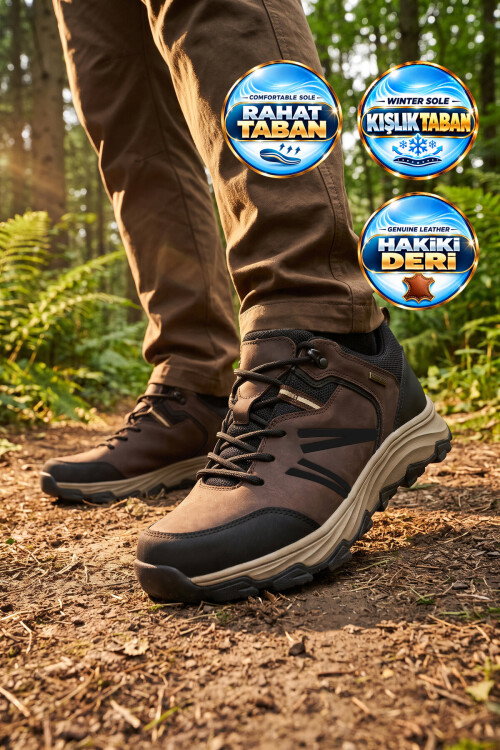 Kahve Hakiki Deri Kaymaz Tabanlı Bağcıklı Erkek Outdoor Trekking Ayakkabı 2672