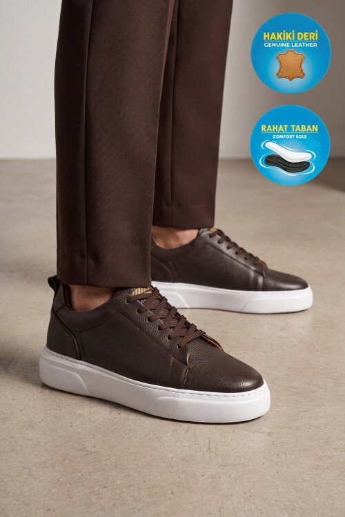 Kahve Hakiki Deri Bağcıklı Kalın Rahat Tabanlı Erkek Casual Ayakkabı Sneaker 272303 