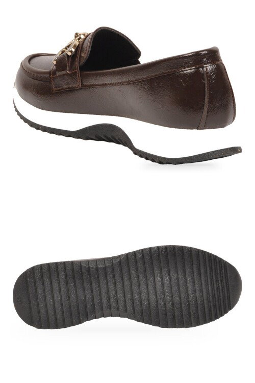 Tokalı Şık Hafif Rahat Kadın Kahve Kırışık Klasik Casual Ayakkabı Loafer 062 Z