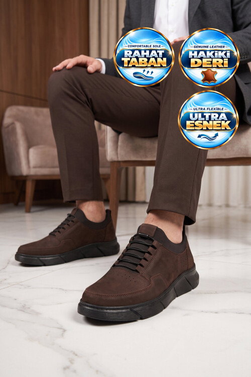 Kahve Nubuk Hakiki Deri Lastik Bağcıklı Erkek Casual Ayakkabı 137 