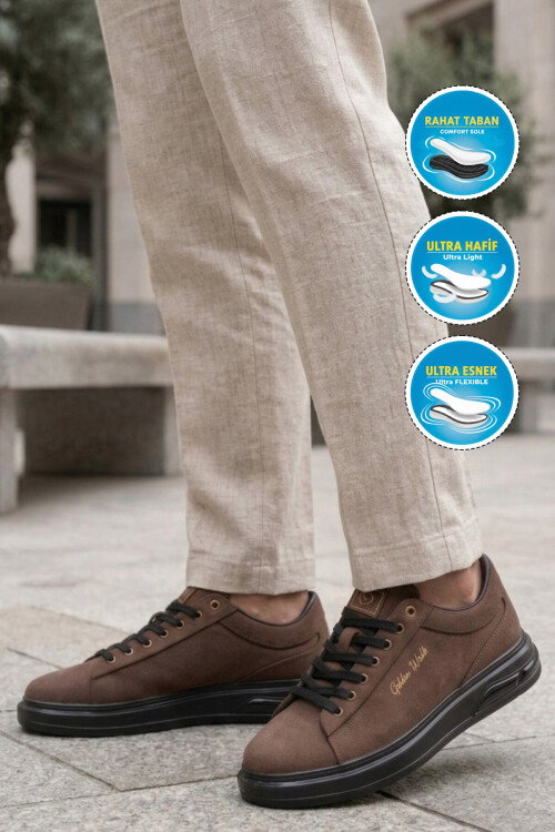 Erkek Kahve Bağcıklı Kalın Taban Erkek Casual Ayakkabı Sneaker 8078 Dashor M