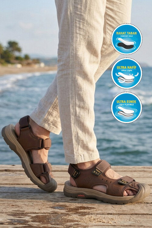 Erkek Outdoor Trekking Sandalet Kapalı Burun Cırtlı Günlük Yürüyüş Kahve E337 M