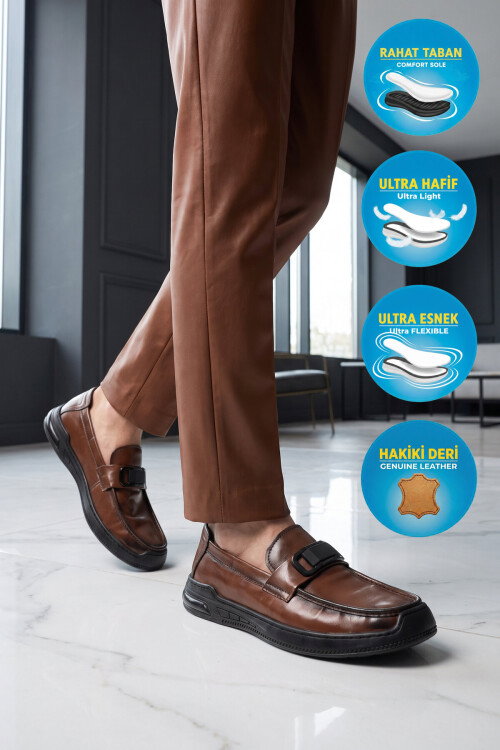 Kahve Hakiki Deri Hafif Esnek Rahat Şık Erkek Casual Ayakkabı Loafer 26K590-2 