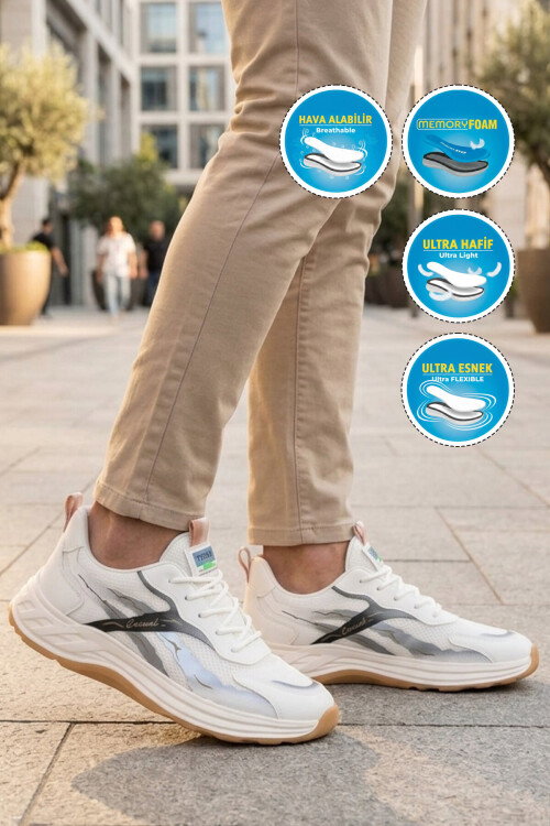 Krem Fileli Memory Foam Erkek Günlük Spor Ayakkabı Hafif Esnek Sneaker E275 M