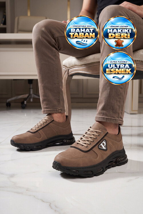 Kum Hakiki Deri Bağcıklı Rahat Tabanlı Erkek Casual Ayakkabı Sneaker 166