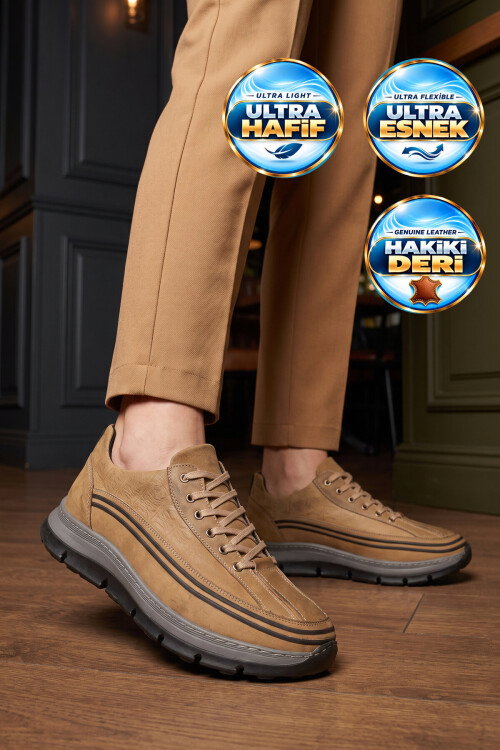 Kum Hakiki Deri Bağcıklı Rahat Tabanlı Erkek Casual Ayakkabı Sneaker 160