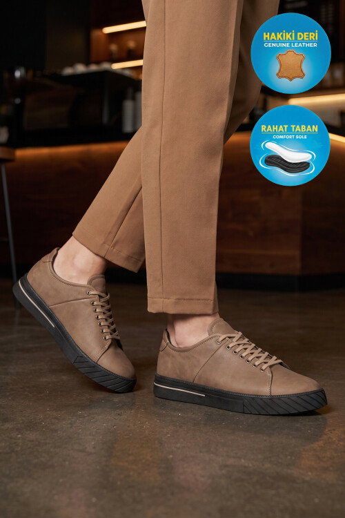 Kum Hakiki Deri Bağcıklı Rahat Tabanlı Erkek Casual Ayakkabı Sneaker 165