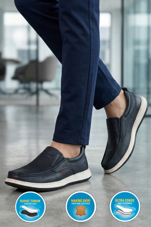 Erkek Lacivert Hakiki Deri Kolay Giyilebilir Hafızalı Rahat Taban Casual Ayakkabı Loafer 6501  M