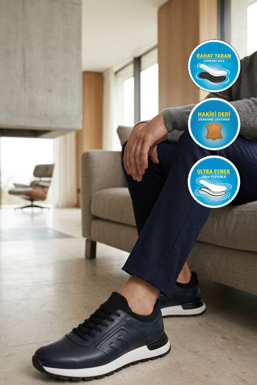 Erkek Lacivert Hakiki Deri Casual Ayakkabı Bağcıklı Rahat Konfor Tabanlı Sneaker M294 M