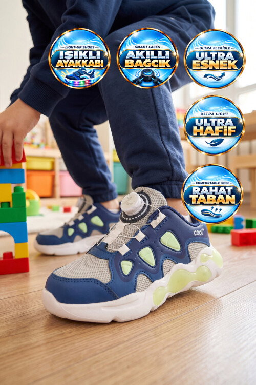 Lacivert Geniş Kalıp Fileli Hafif Esnek Erkek Çocuk Spor Ayakkabı Evan F