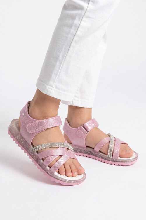 Pembe Cırt Bantlı Taş Detaylı Bebek Sandalet Maya