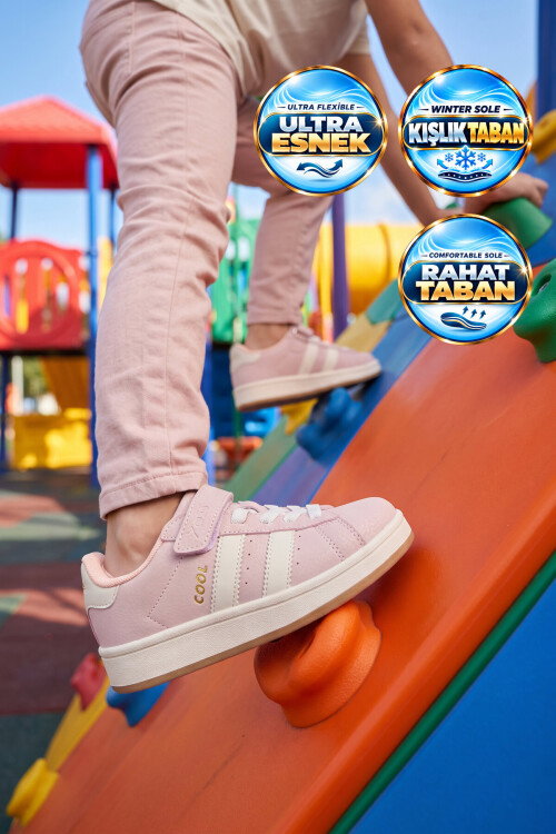 Pudra Cırt Bantlı Unisex Çocuk Yürüyüş ve Spor Ayakkabı Sneaker Coop F