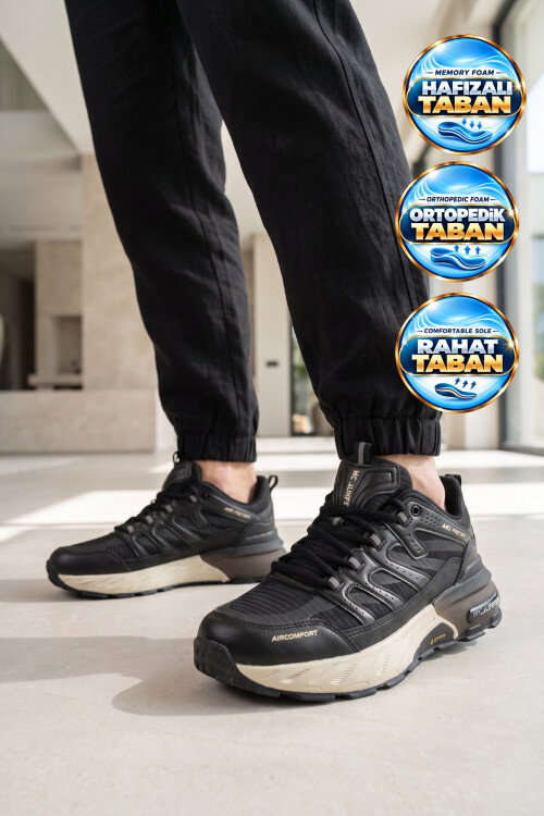 Bağcıklı Kauçuk Taban Ortopedik Siyah-Bej Erkek Yürüyüş ve Spor Ayakkabı Sneaker 2427