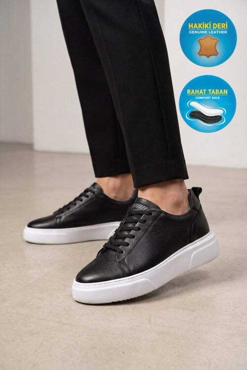 Siyah-Beyaz Hakiki Deri Bağcıklı Kalın Rahat Tabanlı Erkek Casual Ayakkabı Sneaker 272303 