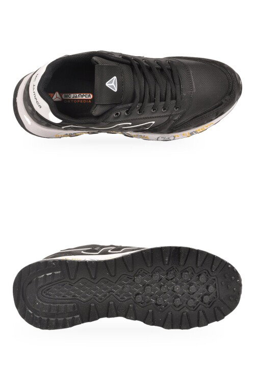 Siyah-Beyaz Bağcıklı Rahat Memory Foam Taban Erkek Yürüyüş ve Spor Ayakkabı Sneaker 2444 Cilt