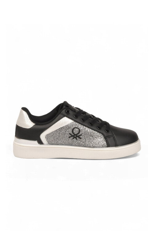 Parlak Simli Bağcıklı Kalın Taban Siyah-Beyaz Kadın Casual Yürüyüş Ayakkabı Sneaker BNI-12123