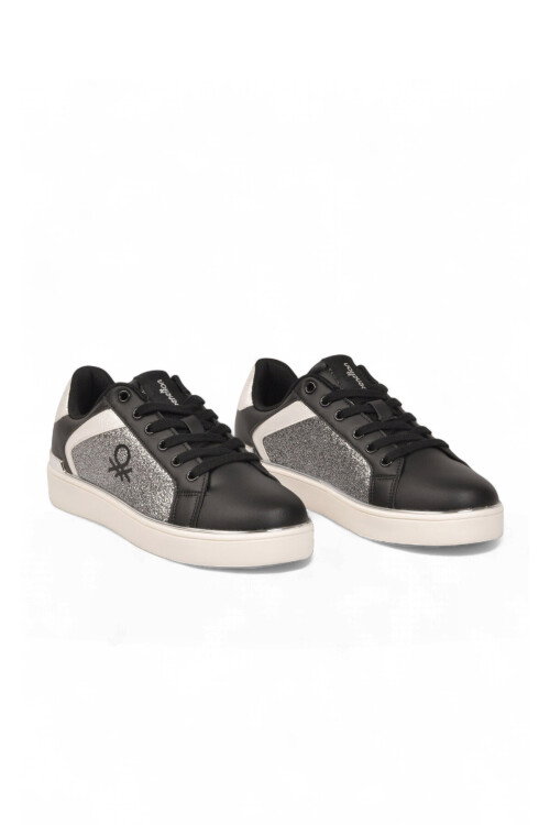 Parlak Simli Bağcıklı Kalın Taban Siyah-Beyaz Kadın Casual Yürüyüş Ayakkabı Sneaker BNI-12123