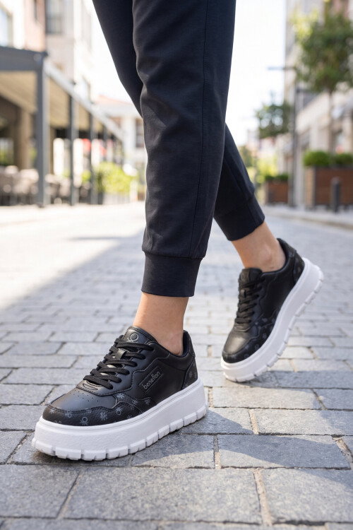 Bağcıklı Kalın Tabanlı Desenli Siyah-Beyaz Unisex Casual Yürüyüş Ayakkabı Sneaker BNI-12124 G