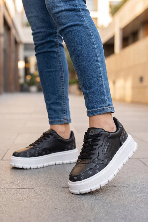 Bağcıklı Kalın Tabanlı Desenli Siyah-Beyaz Unisex Casual Yürüyüş Ayakkabı Sneaker BNI-12124 G