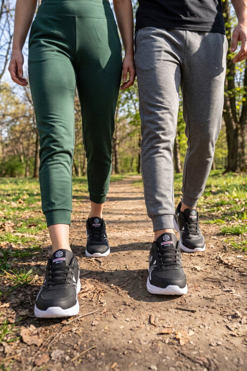 Bağcıklı Hafif Rahat Unisex Siyah-Beyaz Yürüyüş ve Spor Ayakkabı Sneaker 2032 G
