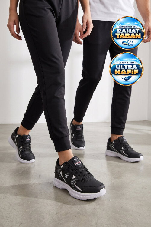 Bağcıklı Hafif Rahat Unisex Siyah-Beyaz Yürüyüş ve Spor Ayakkabı Sneaker 2032 G