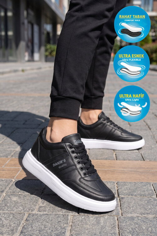 Siyah-Beyaz Bağcıklı Hafif Esnek Rahat Erkek Spor Ayakkabı Sneaker 125 Cilt