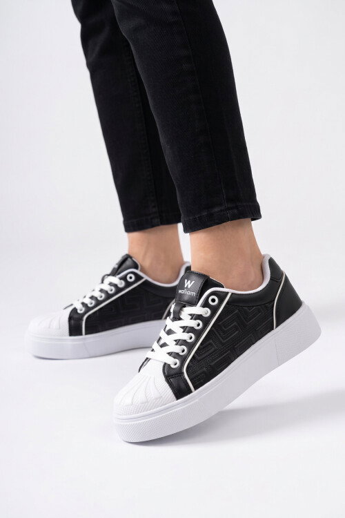 Siyah-Beyaz Bağcıklı Kalın Rahat Tabanlı Erkek Casual Yürüyüş Ayakkabı Sneaker   26201 M