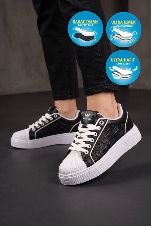 Siyah-Beyaz Bağcıklı Kalın Rahat Tabanlı Erkek Casual Yürüyüş Ayakkabı Sneaker   26201 M