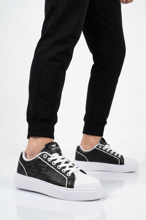 Siyah-Beyaz Bağcıklı Kalın Tabanlı Rahat Şık Unisex Casual Yürüyüş ve Spor Ayakkabı Sneaker 26201 G