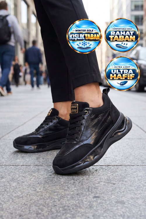 Siyah Cilt Bağcıklı Kalın Rahat Tabanlı Kadın Casual Yürüyüş Ayakkabı Sneaker 231171