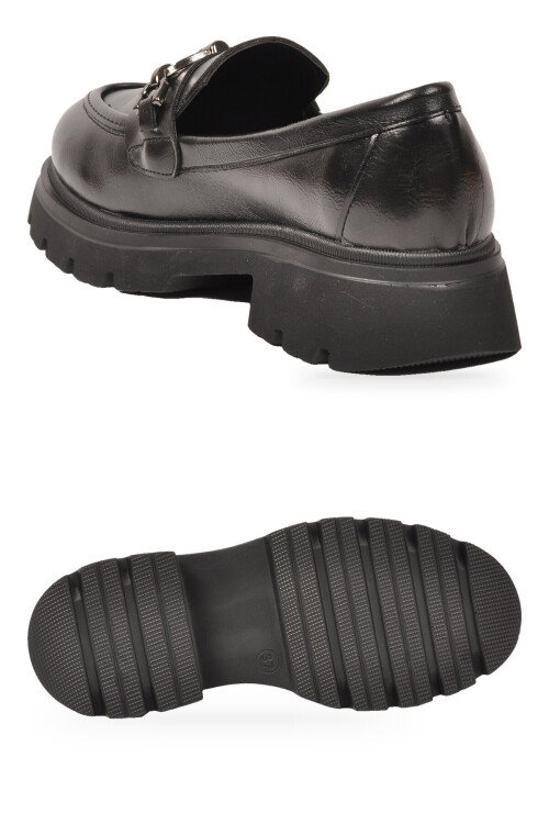 Kadın Loafer Ayakkabı Tokalı Kalın Taban Siyah Cilt Şık Kadın Klasik Casual Ayakkabı 572508 