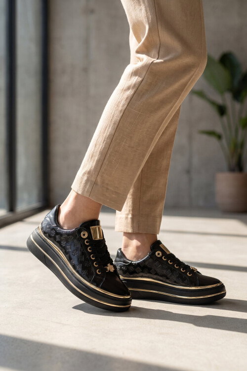 Siyah Cilt Kalın Rahat Tabanlı Bağcıklı Kadın Casual Yürüyüş Ayakkabı Sneaker 431173