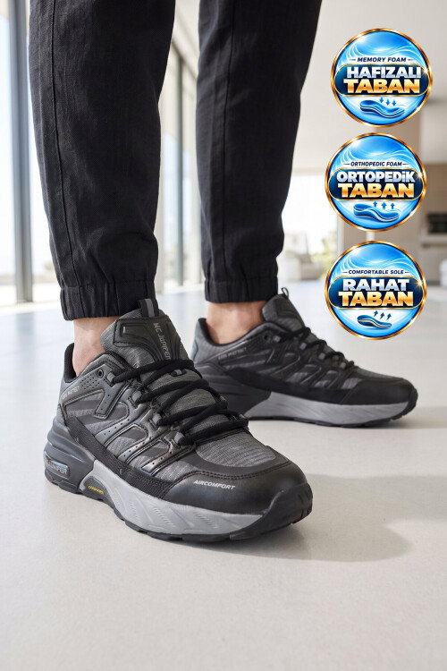 Bağcıklı Kauçuk Taban Ortopedik Siyah-Füme Erkek Yürüyüş ve Spor Ayakkabı Sneaker 2427