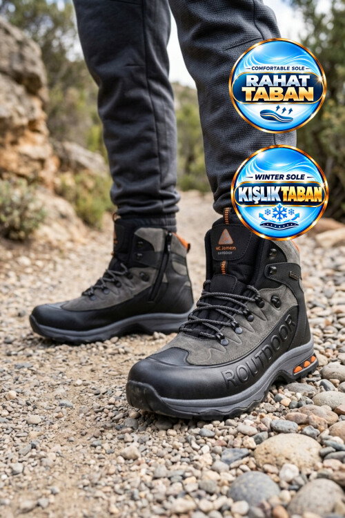 Siyah-Füme Bağcıklı Fermuarlı Kaymaz Tabanlı Erkek Outdoor Trekking Bot 2115 