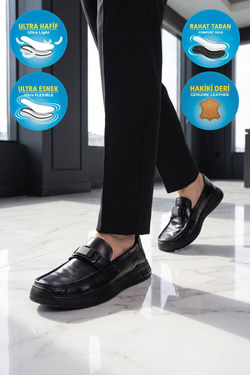 Siyah Hakiki Deri Hafif Esnek Rahat Şık Erkek Casual Ayakkabı Loafer 26K590-2 