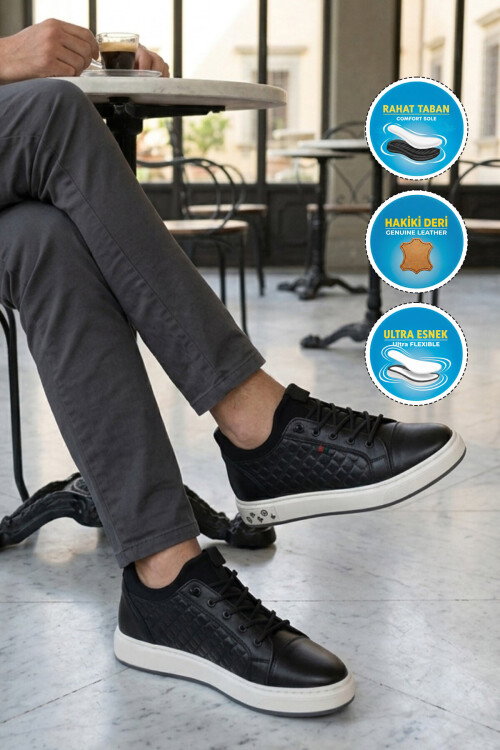 Siyah Hakiki Deri Kroko Desenli Rahat Şık Erkek Casual Ayakkabı Sneaker 6424-1 M