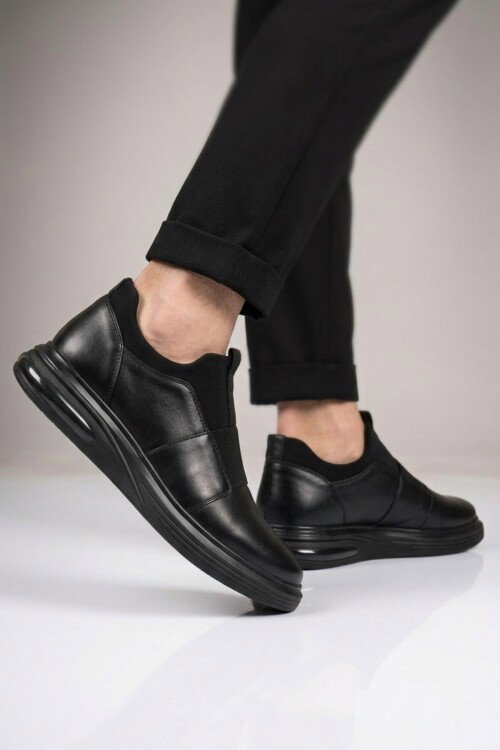 Siyah Hakiki Deri Slip-On Konfor Taban Erkek Casual Ayakkabı Sneaker 6961 M