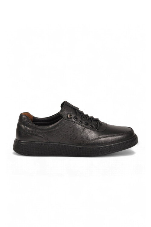 Siyah Hakiki Deri Lastik Bağcıklı Rahat Tabanlı Erkek Casual Ayakkabı Sneaker 728