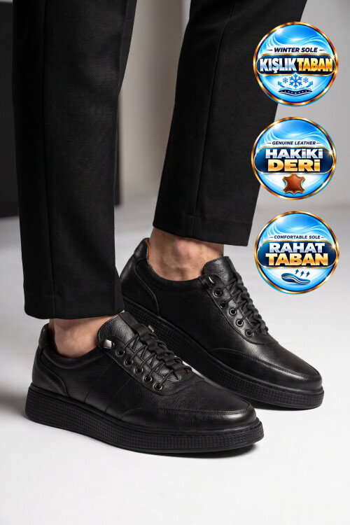 Siyah Hakiki Deri Lastik Bağcıklı Rahat Tabanlı Erkek Casual Ayakkabı Sneaker 728