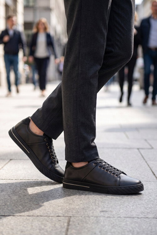 Siyah Hakiki Deri Bağcıklı Rahat Tabanlı Erkek Casual Ayakkabı Sneaker 165