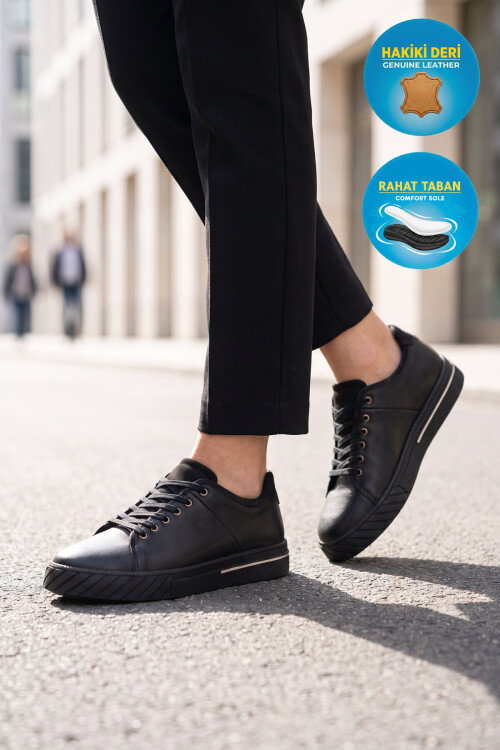 Siyah Hakiki Deri Bağcıklı Rahat Tabanlı Erkek Casual Ayakkabı Sneaker 165