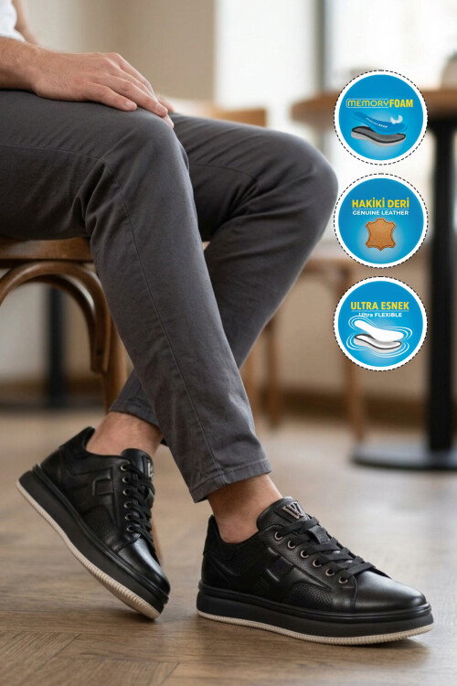 Siyah Hakiki Deri Erkek Casual Sneaker Memory Taban Premium Casual Ayakkabı M030 M