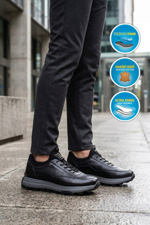 Siyah Premium Hakiki Deri Erkek Casual Ayakkabı Memory Kalın Tabanlı Sneaker M084-2 M