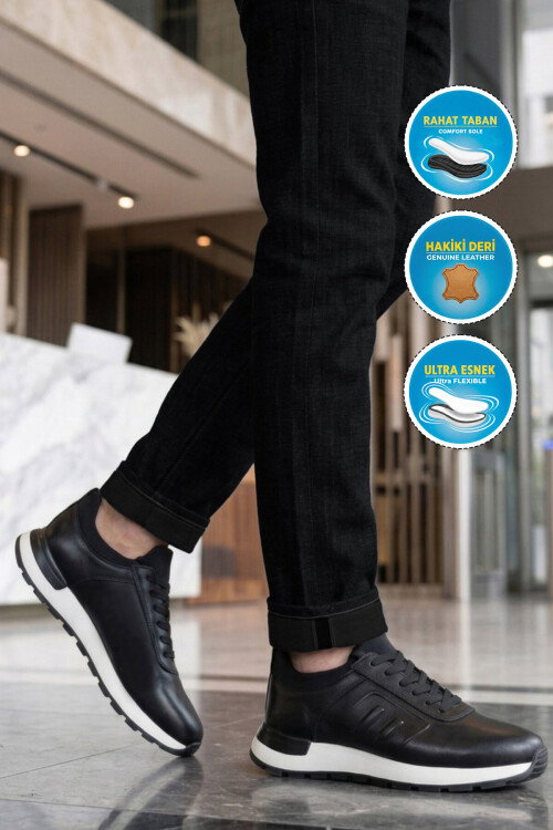 Erkek Siyah Hakiki Deri Casual Ayakkabı Bağcıklı Rahat Konfor Tabanlı Sneaker M294 M