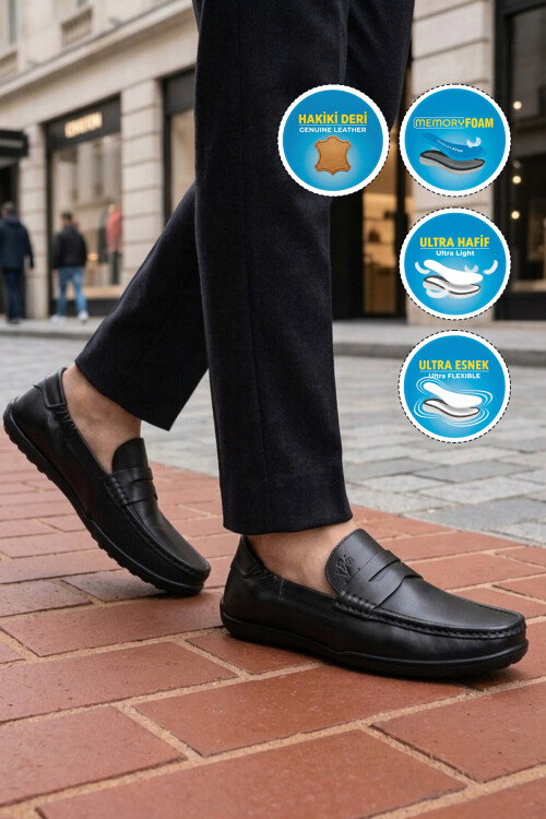 Erkek Hakiki Deri Loafer Mokasen Ayakkabı Hafızalı Taban Hafif Smart Casual Siyah M420 M