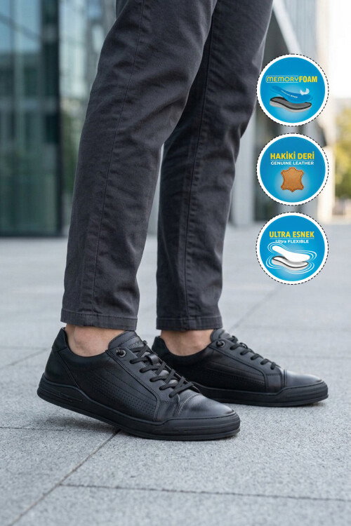 Siyah Hakiki Deri Erkek Sneaker Delikli Nefes Alabilen Casual Memory Taban M682 M
