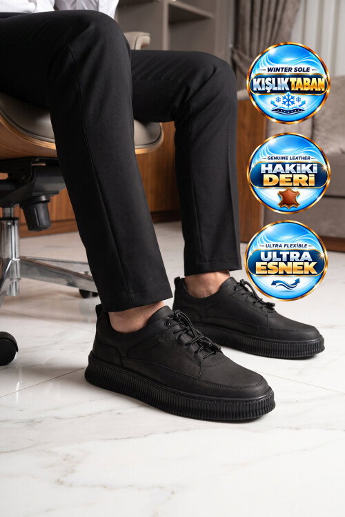 Siyah Hakiki Deri Lastik Bağcıklı Rahat Taban Erkek Casual Ayakkabı 2514